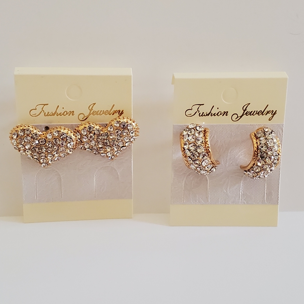 New Set of 2 Gold Plated Rhinestone Stud Earrings